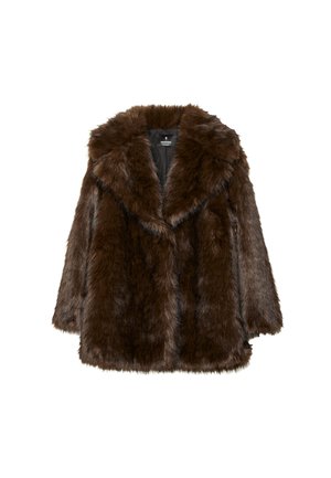 Brun faux fur frakke med bred krave, lange ærmer og en afslappet pasform. Teksturen er blød og plysset, med et tykt, luksuriøst udseende.