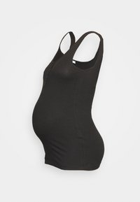 Top de maternidad negro de canalé, con un diseño ajustado y tirantes anchos, con una textura suave y un cuello redondo.
