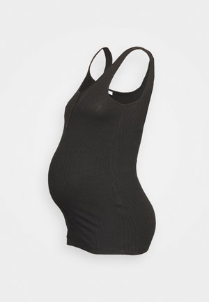 Schwarzes geripptes Tanktop für Schwangere, mit einer figurschmeichelnden Passform und breiten Trägern, glatter Textur und Rundhalsausschnitt.