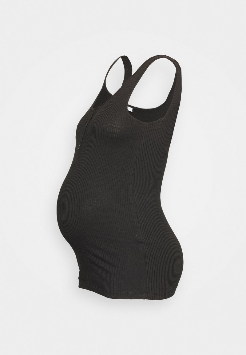 Czarny prążkowany tank top ciążowy, o dopasowanym kroju i szerokich ramiączkach, z gładką teksturą i okrągłym dekoltem.