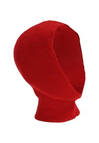 Rode gebreide bivakmuts met een gladde textuur, volledige hoofddekking, taps toelopend ontwerp en een open gezichtsgedeelte. Geschikt voor gebruik in koude weersomstandigheden.