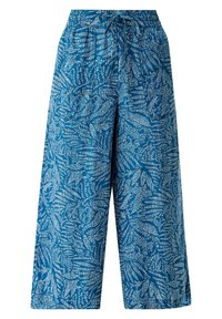 Siniset culottes-housut, joissa on valkoinen lehtikuvio, valmistettu kevyestä kankaasta. Niissä on joustava vyötärönauha ja rento istuvuus.