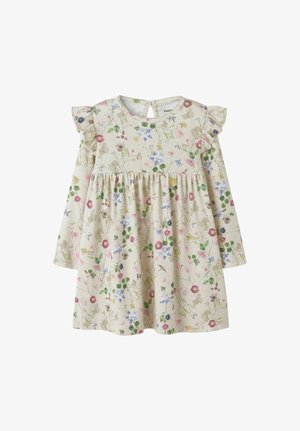Kremfarget langermet kjole for småbarn med flerfarget blomsterprint, volangdetaljer på skuldrene og innsvinget midje.