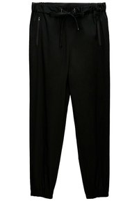 Zwarte joggers met een elastische tailleband en boorden, voorzien van een trekkoord en ritszakken aan de zijkanten.