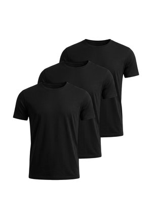 Drei schlichte schwarze T-Shirts mit kurzen Ärmeln und rundem Halsausschnitt, nebeneinander auf weißem Hintergrund angeordnet.