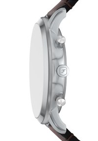 Silberner Edelstahluhren mit einem glatten, runden Gehäuse, zwei Druckknöpfen und einem braunen Lederarmband. Minimalistisches Design ohne Ziffernblatt.
