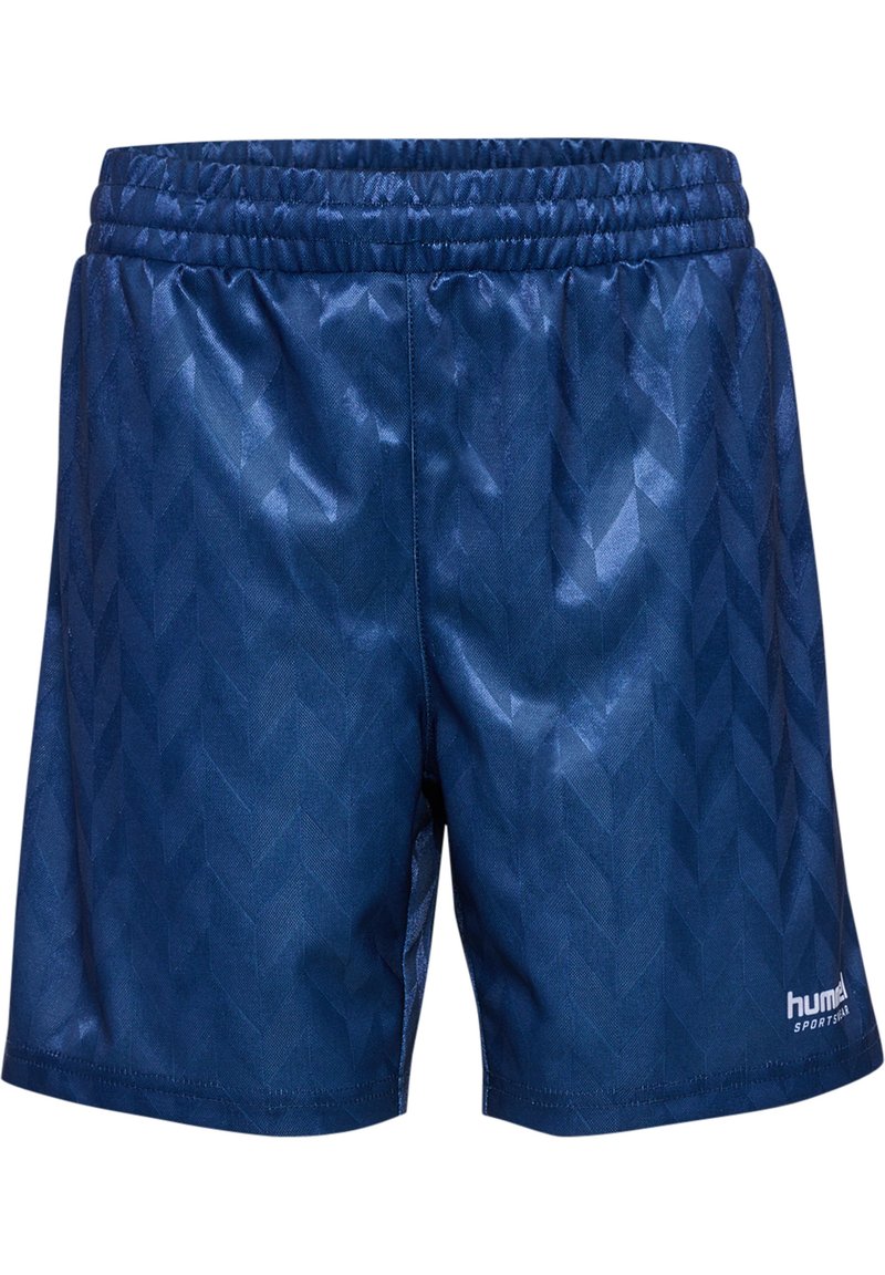 Mörkblå idrottsshorts med en slät, glänsande yta, med ett fiskbensmönster och en elastisk midjeband för komfort.