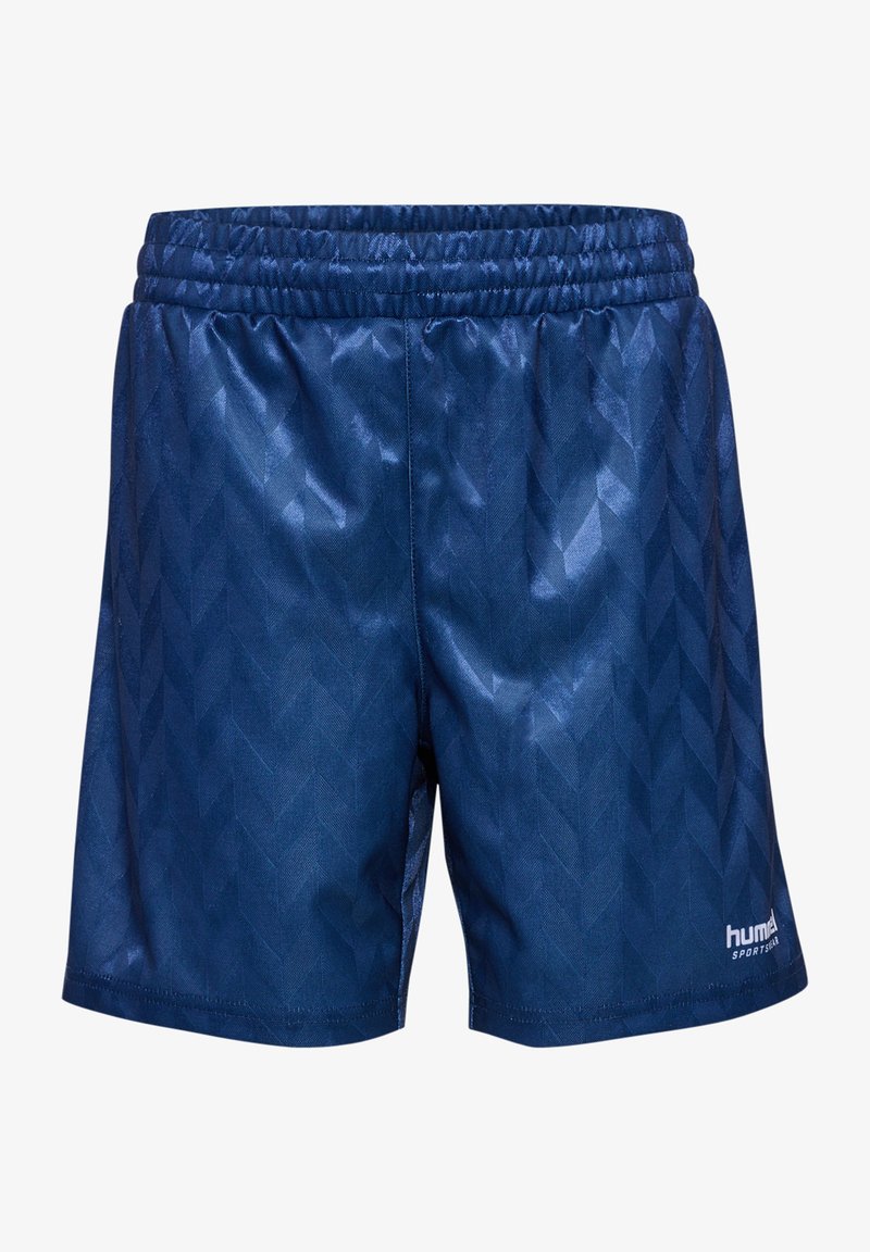 Mörkblå idrottsshorts med en slät, glänsande yta, med ett fiskbensmönster och en elastisk midjeband för komfort.