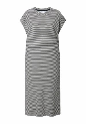 Zwart-wit gestreepte jurk met een ronde halslijn, korte mouwen en een ontspannen fit, gemaakt van zachte, lichte stof.