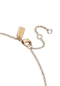 Collana in oro con chiusura a gancio e lunghezza regolabile. Presenta un piccolo tassello contrassegnato "COACH" attaccato alla catena.