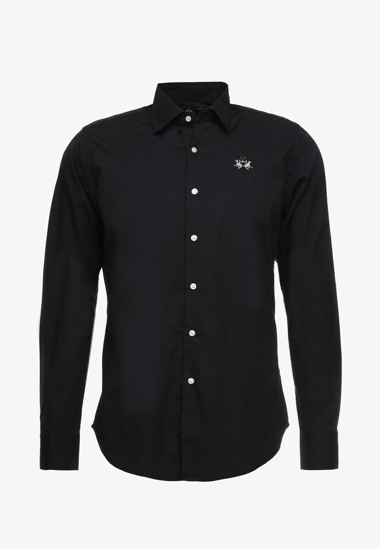 Black long-sleeve button-up shirt with collar and small white embroidered logo on the left chest.