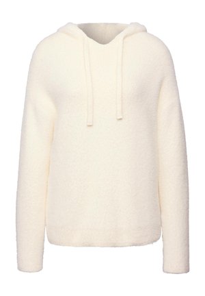 Cremefarvet, fluffy hoodie med lange ærmer og front snoretræk, lavet af blødt, tekstureret stof.