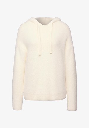 Kermanvärinen pörröinen huppari, jossa on pitkät hihat ja etupainike, valmistettu pehmeästä tekstuuri-kankaasta.