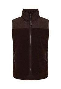Chaleco marrón con sección superior acolchada y sección inferior esponjosa. Presenta un alto cuello, cremallera frontal completa y dos bolsillos laterales con cremallera.