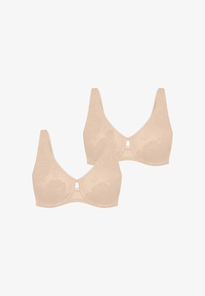 Beige BHs mit floralem Spitzenmuster, breiten Trägern und einer dekorativen Öffnung in der Mitte, mit zartem Besatz an den Rändern. Zwei Exemplare dargestellt.