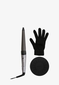 Curlingjern med en konisk sylinder i metallisk grå, inkluderer en svart varmebestandig hanske og en rund silikonmatte med en teksturert overflate.