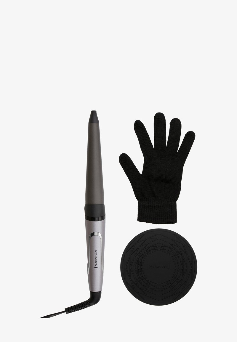 Curlingjern med en konisk sylinder i metallisk grå, inkluderer en svart varmebestandig hanske og en rund silikonmatte med en teksturert overflate.