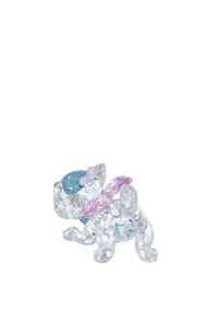 Figura di cristallo trasparente di un cucciolo giocoso, con accenti blu e rosa. Il design presenta texture lisce e faccette intricate.