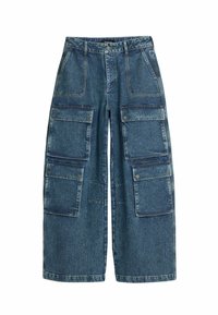 Tumedat sinine denim cargo püksid, laiad sääred, mitme esikoti klappidega ja viimistletud servad.