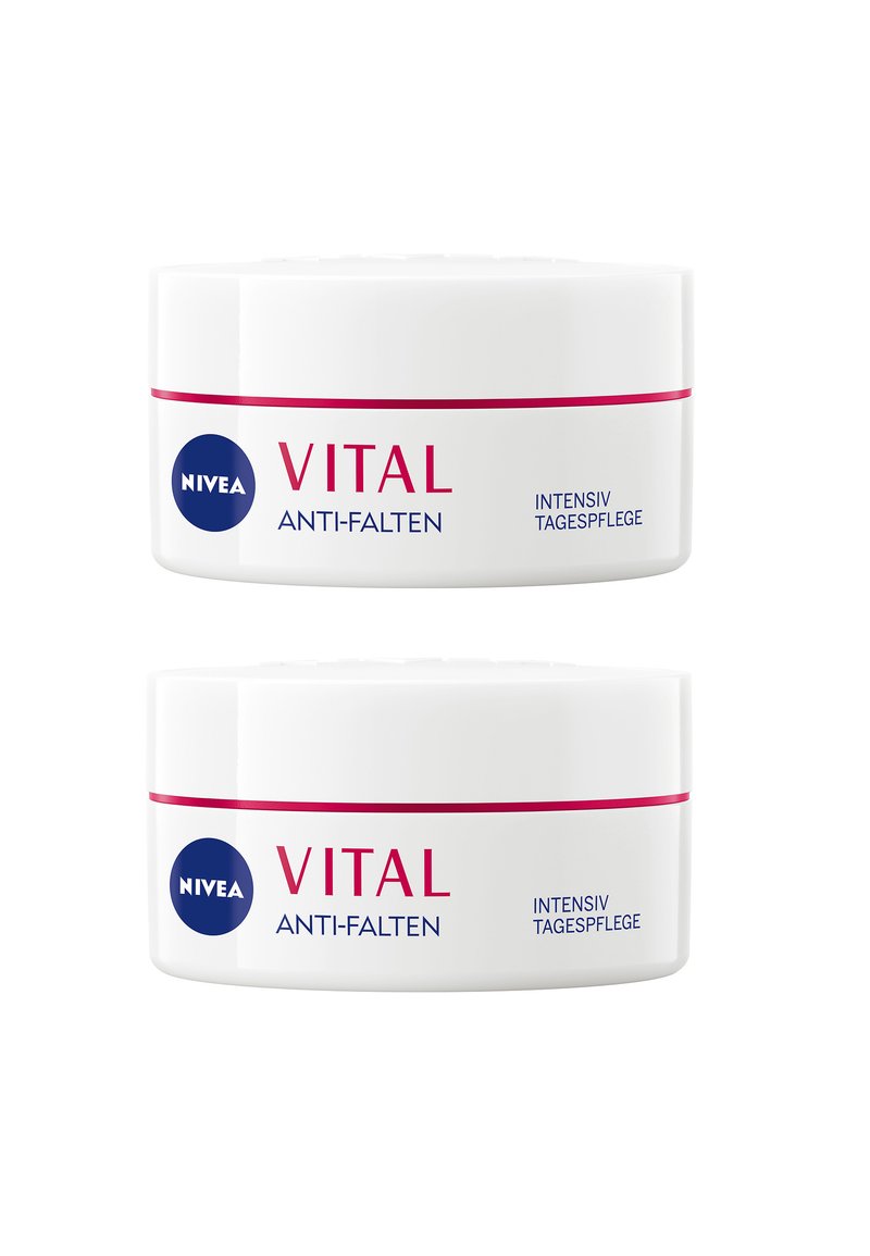 NIVEA Vital Anti-Falten cream jars; round, white plastic containers with blue logo, pink stripe, and bold text. Two jars stacked.