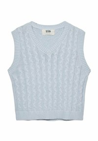 Hellblauer gestrickter ärmelloser Pullover mit V-Ausschnitt, mit Zopfmuster und geripptem Saum. Weiche Textur und lässiges Design.