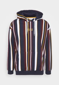 Felpa con cappuccio caratterizzata da strisce verticali in navy, bordeaux, bianco e giallo. Include una tasca frontale e un cappuccio con cordino.