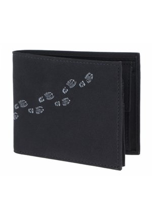 Black bi-fold wallet with diagonal gray boot print pattern on the front, shown partially open on a white background.