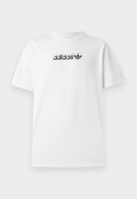White cotton t-shirt with short sleeves and crew neckline, featuring a black printed "adidas" logo and trefoil design across the chest.
