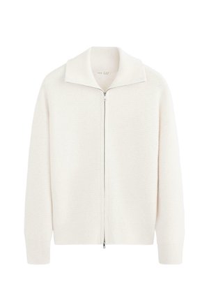 Fehér kötött cipzáros pulóver gallérral, hosszú ujjakkal, bordázott mandzsettákkal és szegéllyel.