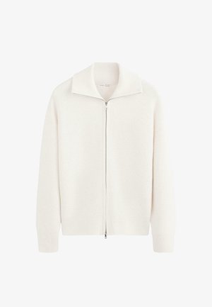 Bijeli pleteni pulover na patentni zatvarač s ovratnikom, dugim rukavima i rebrastim manšetama i rubom.