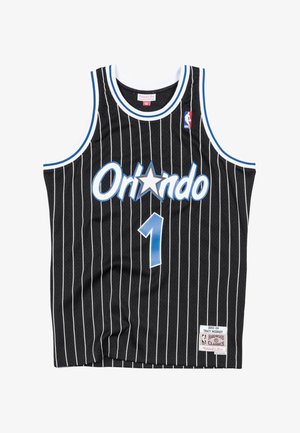 Maglia da basket nera con sottili righe verticali bianche, presenta la scritta "Orlando" in lettere azzurre e una stella, numero "1" in blu. Design classico.