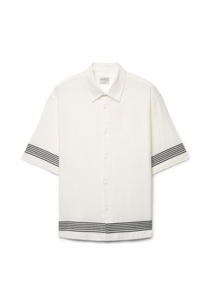 Weißes kurzärmeliges Hemd mit Knöpfen, schwarzen gestreiften Bändern an Ärmeln und Saum, mit klassischem Kragen und lässiger Passform.