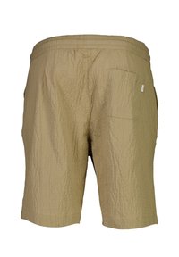Pantalones cortos caqui hechos de tela texturizada, con cintura elástica, dos bolsillos laterales y un bolsillo trasero.
