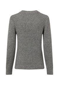 Gray knit sweater with a ribbed texture, long sleeves, and a crew neck. Features a fitted cut and a slightly elongated back hem.