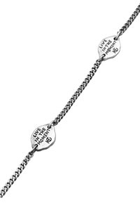 Silver-tone bracelet with a braided chain. Features a central tag engraved with "LIVE IN THE MOMENT" and a textured surface.