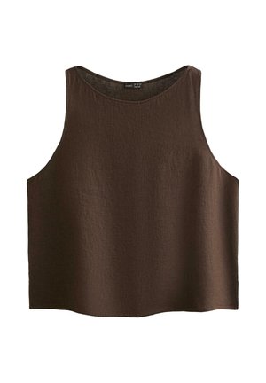Top corto marrone in lino senza maniche con scollo rotondo, vestibilità ampia e orlo dritto.