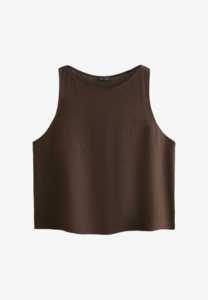 Top corto marrone in lino senza maniche con scollo rotondo, vestibilità ampia e orlo dritto.