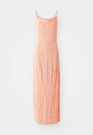 Maxi dress in soft cotton blend, featuring a light orange color with white floral pattern, thin straps, and a fitted silhouette.