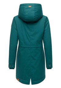 Teal waterproof coat with a hood, featuring a cinched waist, snap button cuffs, and a small brown logo patch near the hem. Smooth texture.