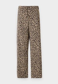 Pantaloni con stampa leopardata caratterizzati da una vita elasticizzata, tessuto leggero, design a gamba dritta e uno sfondo beige con macchie marroni scure.