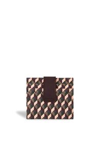 Card holder made of patterned material featuring geometric shapes in cream, green, and brown. Includes a brown leather accent strap.