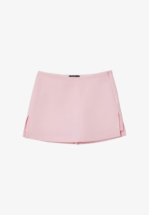 Gonna mini rosa con una texture liscia, dotata di fessure laterali e una chiusura lampo nascosta. Realizzata in tessuto morbido e leggero.