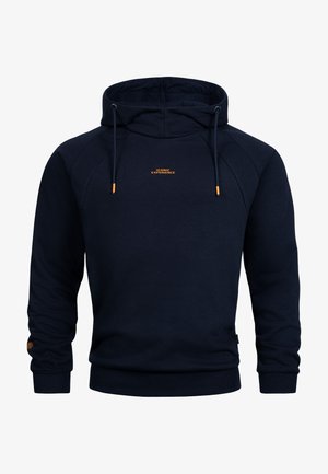 Marineblauwe hoodie met voorste trekkoorden en kleine oranje tekst "ICONIC EXPERIENCE" gecentreerd op de borst.