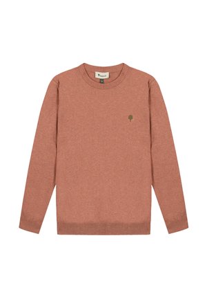 Pull à manches longues à col rond, de couleur rouge-brun atténuée, avec des poignets et un ourlet côtelés, et un petit logo d'arbre vert sur le côté gauche de la poitrine.