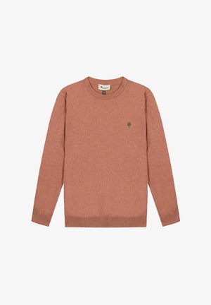 Pull à manches longues à col rond, de couleur rouge-brun atténuée, avec des poignets et un ourlet côtelés, et un petit logo d'arbre vert sur le côté gauche de la poitrine.