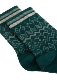 Teal színű pamut zoknik geometrikus mintákkal és világosszürke csíkkal a szegélyen. Puha textúra gyémánt- és cikk-cakk mintákkal.