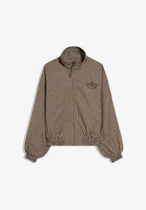 Brown and black checkered zip-up jacket with high collar, elastic cuffs, and gathered waistband, featuring a small embroidered logo on the chest.