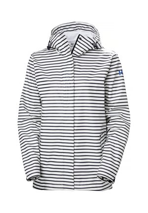 Biała kurtka z kapturem z czarnymi poziomymi paskami, z przodu zamek błyskawiczny, regulowane mankiety i boczne kieszenie, z logo na lewym rękawie.