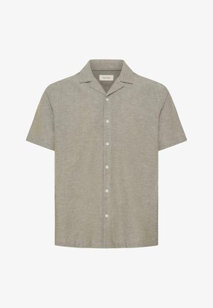 Short-sleeve button-up shirt in light gray with a camp collar and white buttons, featuring a subtle textured fabric.