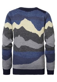 Pull en tricot avec un motif géométrique de montagnes dans différentes nuances de bleu, gris et crème, doté de poignets côtelés et d'un col rond.